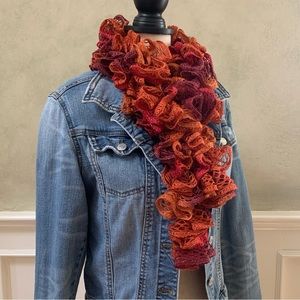 Artisan Handcrafted Ruffled Crochet / Knit Scarf Burgandy Rustic Orange